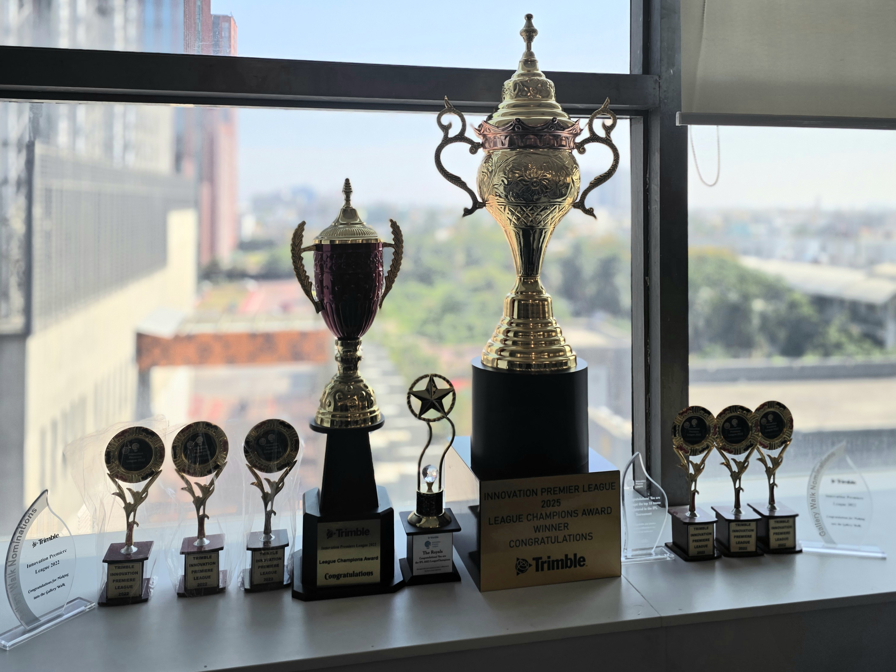 Gallery of Trimble Innovation Premier League trophies and awards.